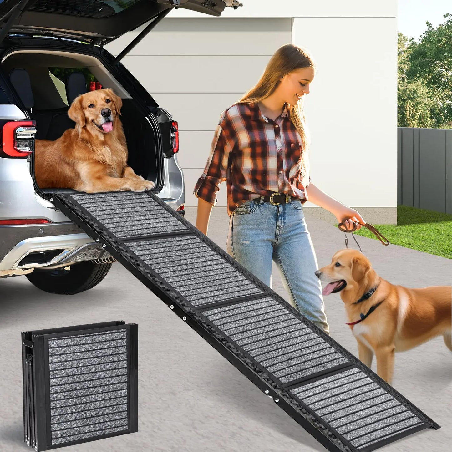 67" Foldable Aluminum Dog Car Ramp with Non-Slip Carpet Surface